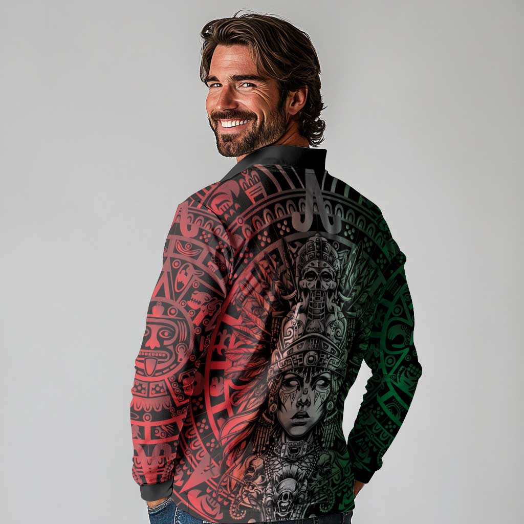 Mexico Aztec Warrior Goddess Long Sleeve Polo Shirt Aztec Skull Tribal Calender Tricolor Spirit - Wonder Print Shop