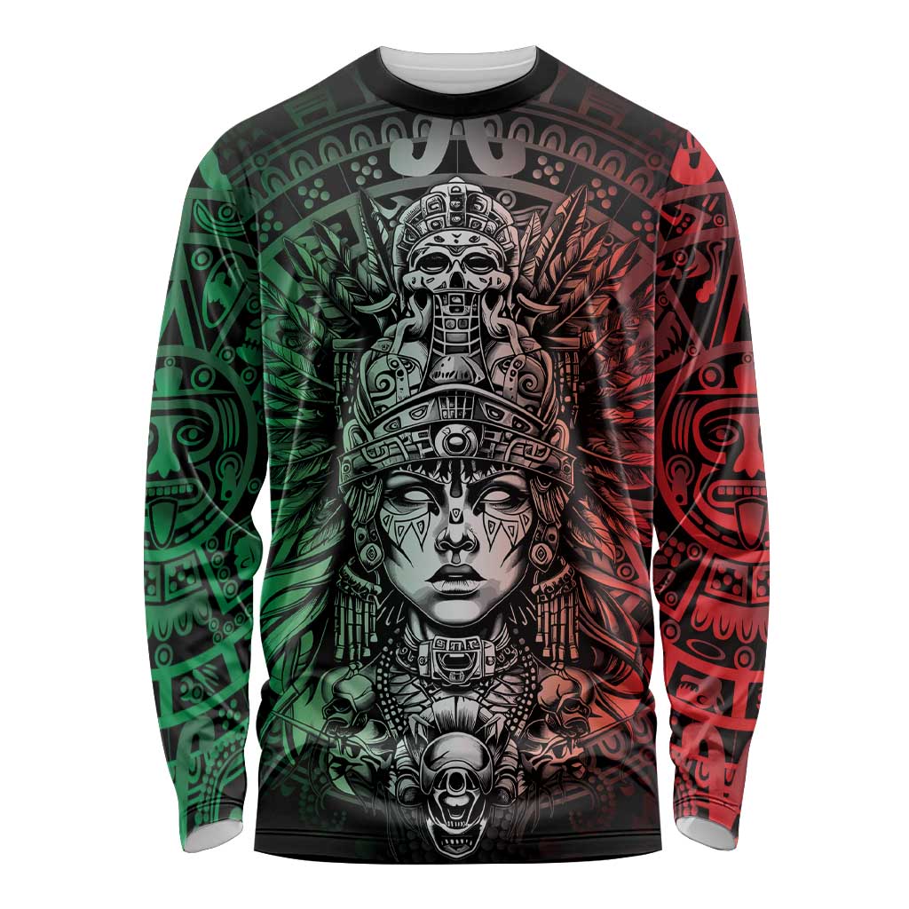 Mexico Aztec Warrior Goddess Long Sleeve Shirt Aztec Skull Tribal Calender Tricolor Spirit - Wonder Print Shop