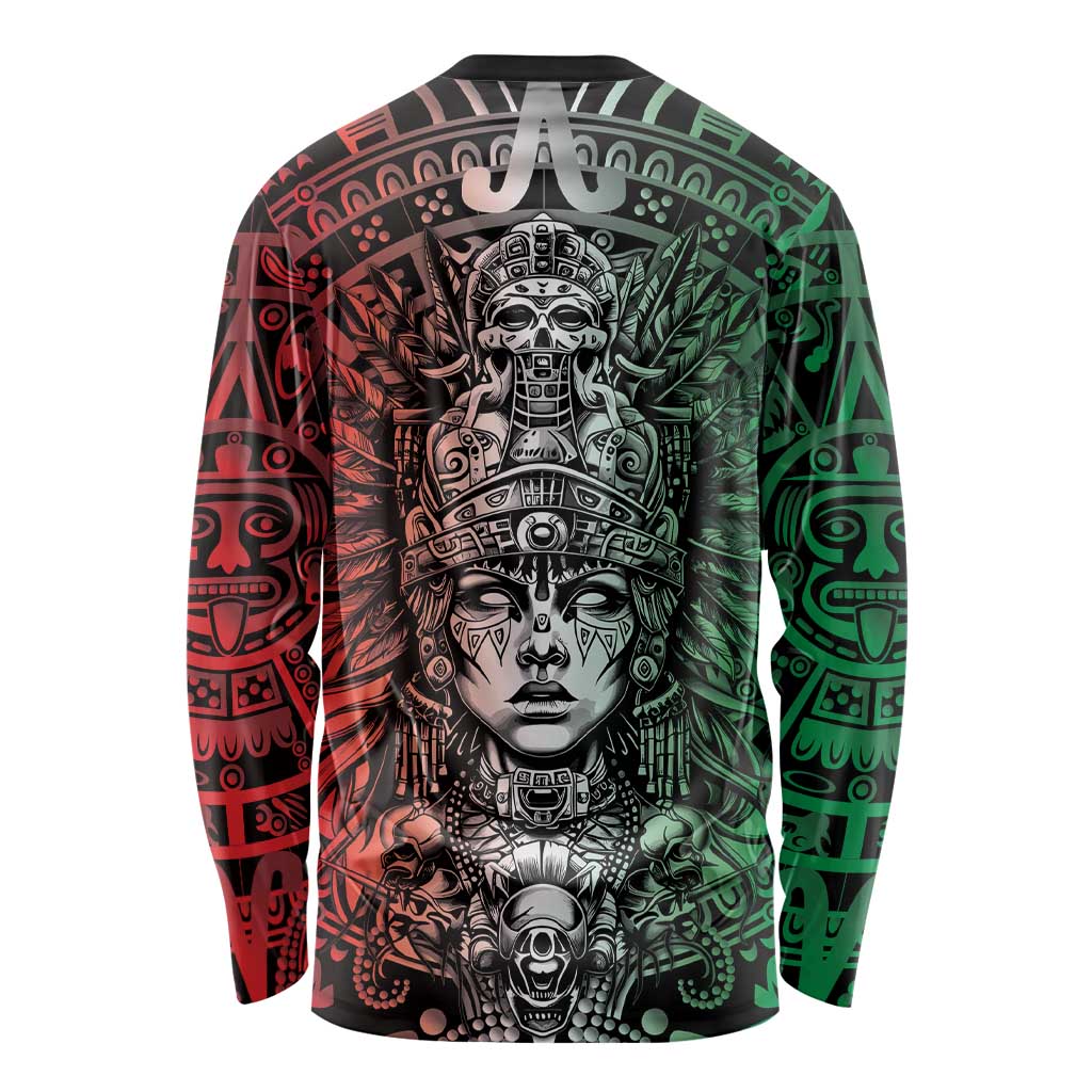 Mexico Aztec Warrior Goddess Long Sleeve Shirt Aztec Skull Tribal Calender Tricolor Spirit - Wonder Print Shop