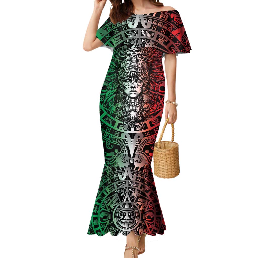 Mexico Aztec Warrior Goddess Mermaid Dress Aztec Skull Tribal Calender Tricolor Spirit - Wonder Print Shop