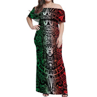 Mexico Aztec Warrior Goddess Off Shoulder Maxi Dress Aztec Skull Tribal Calender Tricolor Spirit - Wonder Print Shop