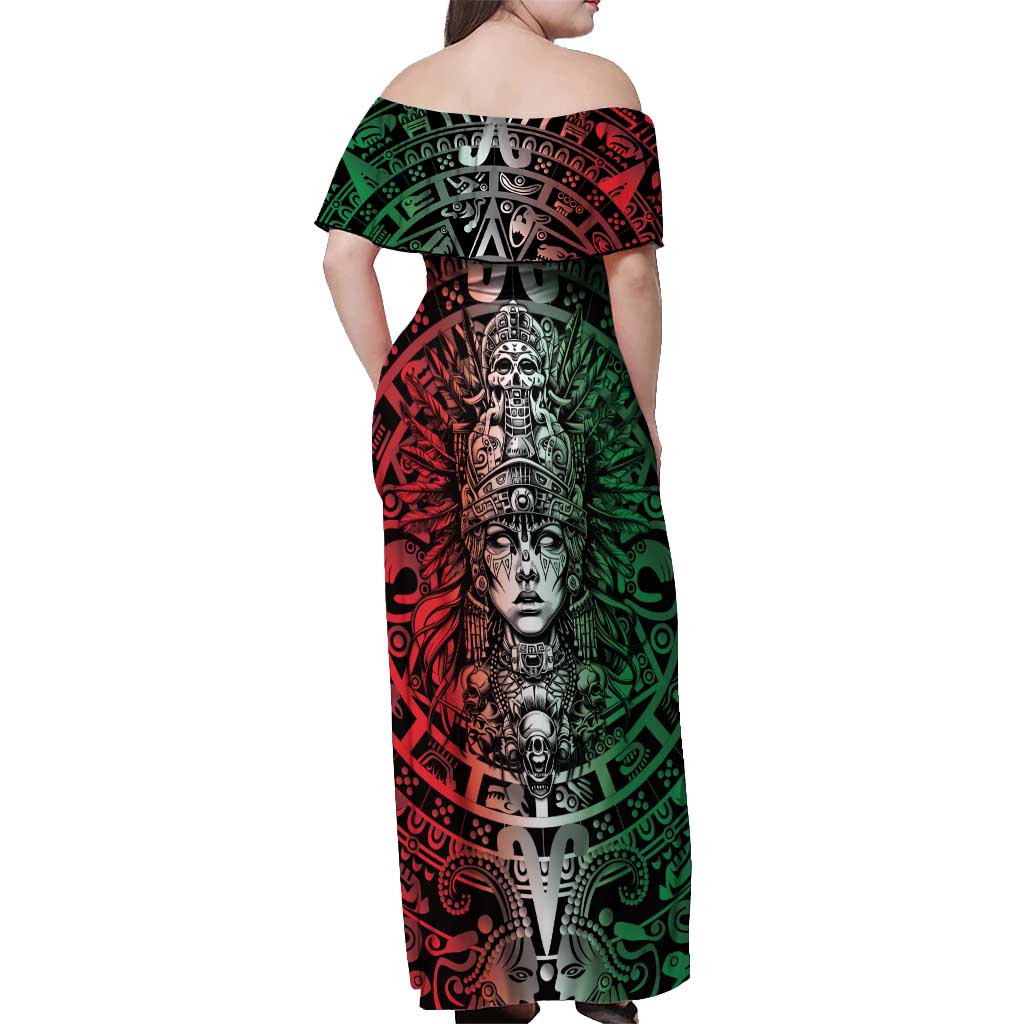 Mexico Aztec Warrior Goddess Off Shoulder Maxi Dress Aztec Skull Tribal Calender Tricolor Spirit - Wonder Print Shop
