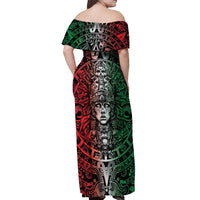 Mexico Aztec Warrior Goddess Off Shoulder Maxi Dress Aztec Skull Tribal Calender Tricolor Spirit - Wonder Print Shop
