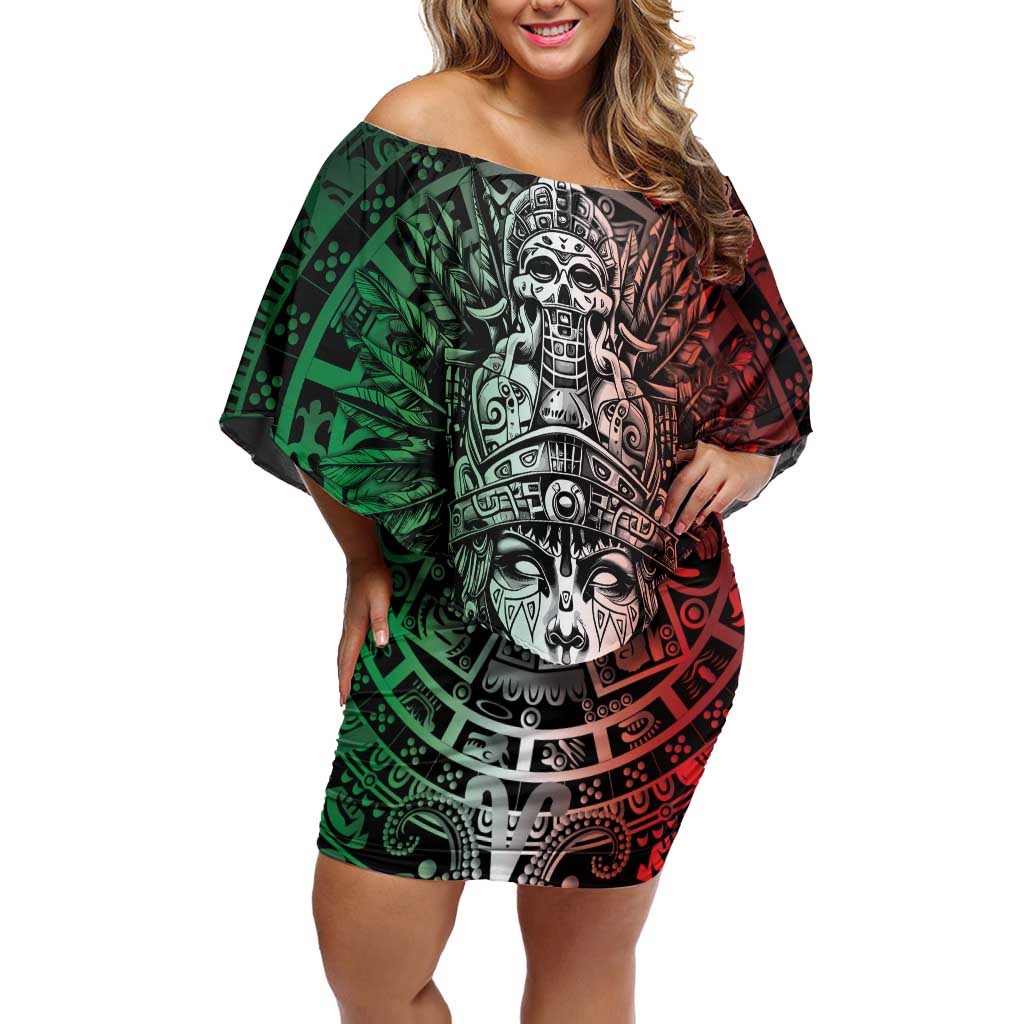 Mexico Aztec Warrior Goddess Off Shoulder Short Dress Aztec Skull Tribal Calender Tricolor Spirit - Wonder Print Shop