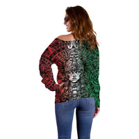 Mexico Aztec Warrior Goddess Off Shoulder Sweater Aztec Skull Tribal Calender Tricolor Spirit - Wonder Print Shop