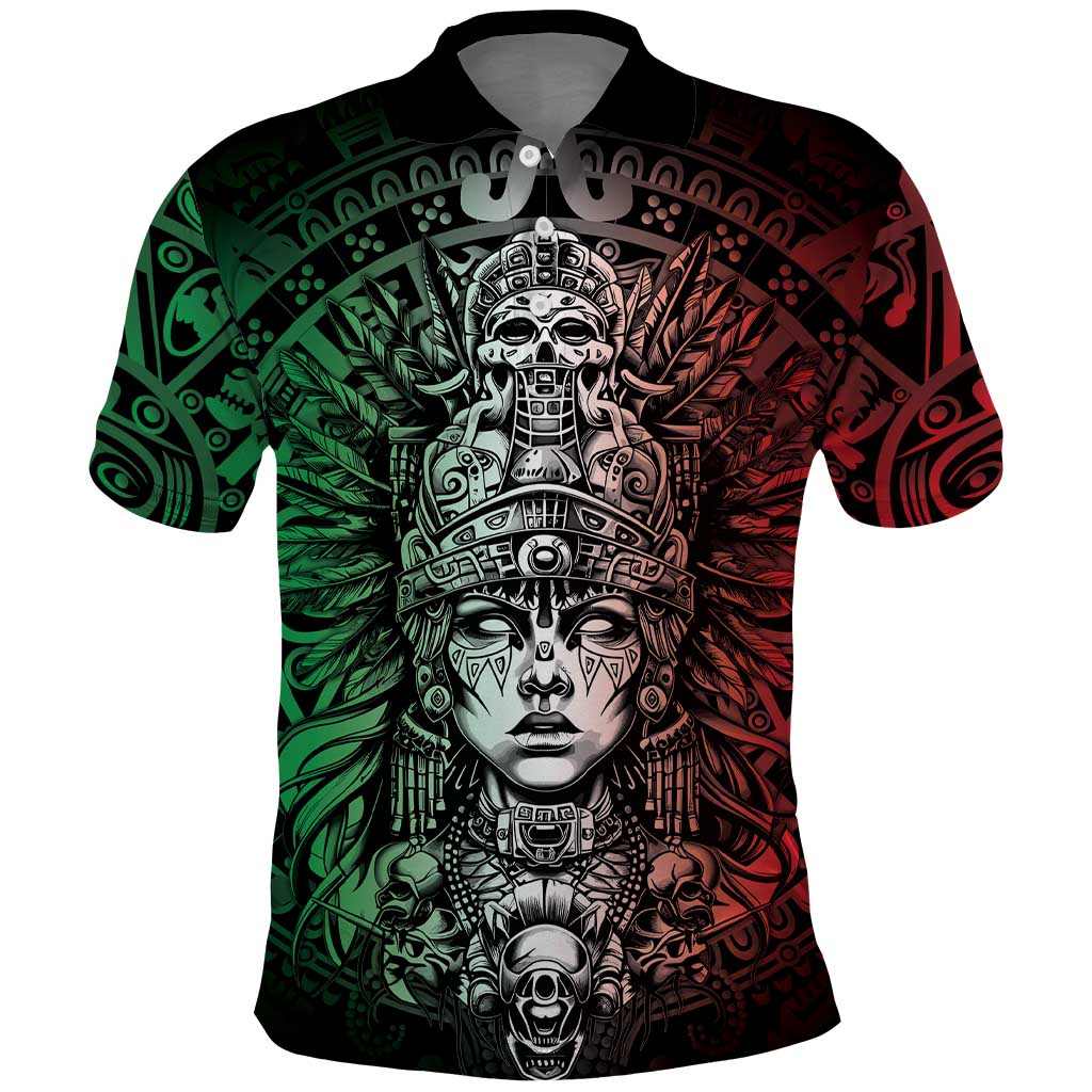 Mexico Aztec Warrior Goddess Polo Shirt Aztec Skull Tribal Calender Tricolor Spirit - Wonder Print Shop