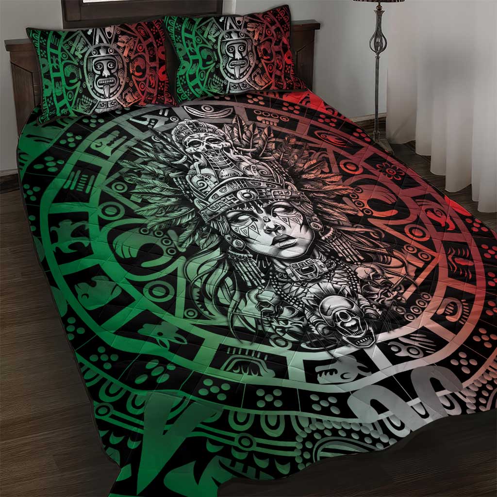 Mexico Aztec Warrior Goddess Quilt Bed Set Aztec Skull Tribal Calender Tricolor Spirit - Wonder Print Shop