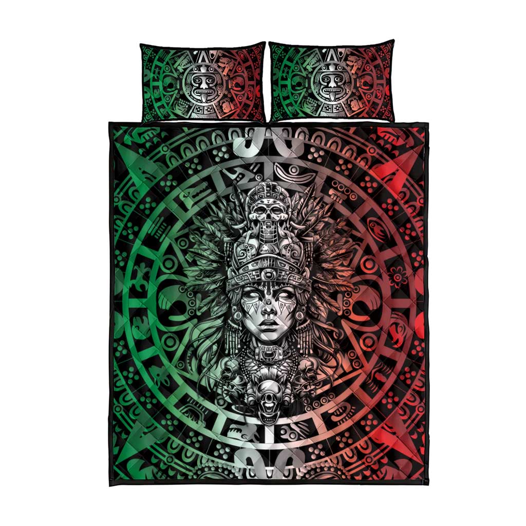 Mexico Aztec Warrior Goddess Quilt Bed Set Aztec Skull Tribal Calender Tricolor Spirit - Wonder Print Shop