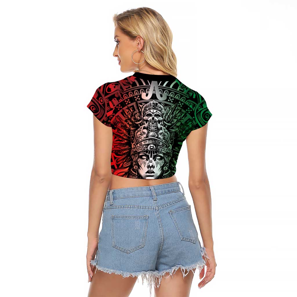 Mexico Aztec Warrior Goddess Raglan Cropped T Shirt Aztec Skull Tribal Calender Tricolor Spirit - Wonder Print Shop
