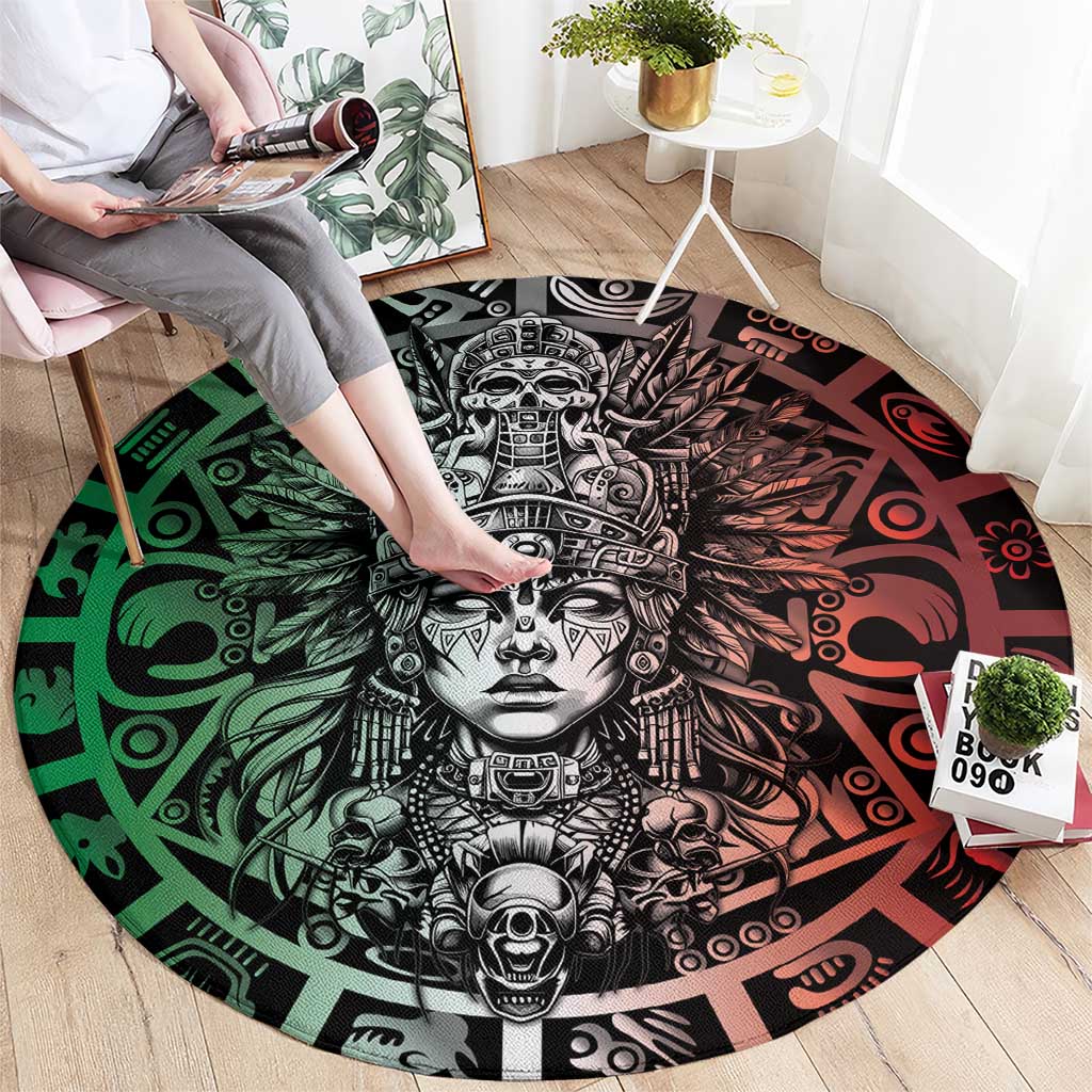Mexico Aztec Warrior Goddess Round Carpet Aztec Skull Tribal Calender Tricolor Spirit - Wonder Print Shop