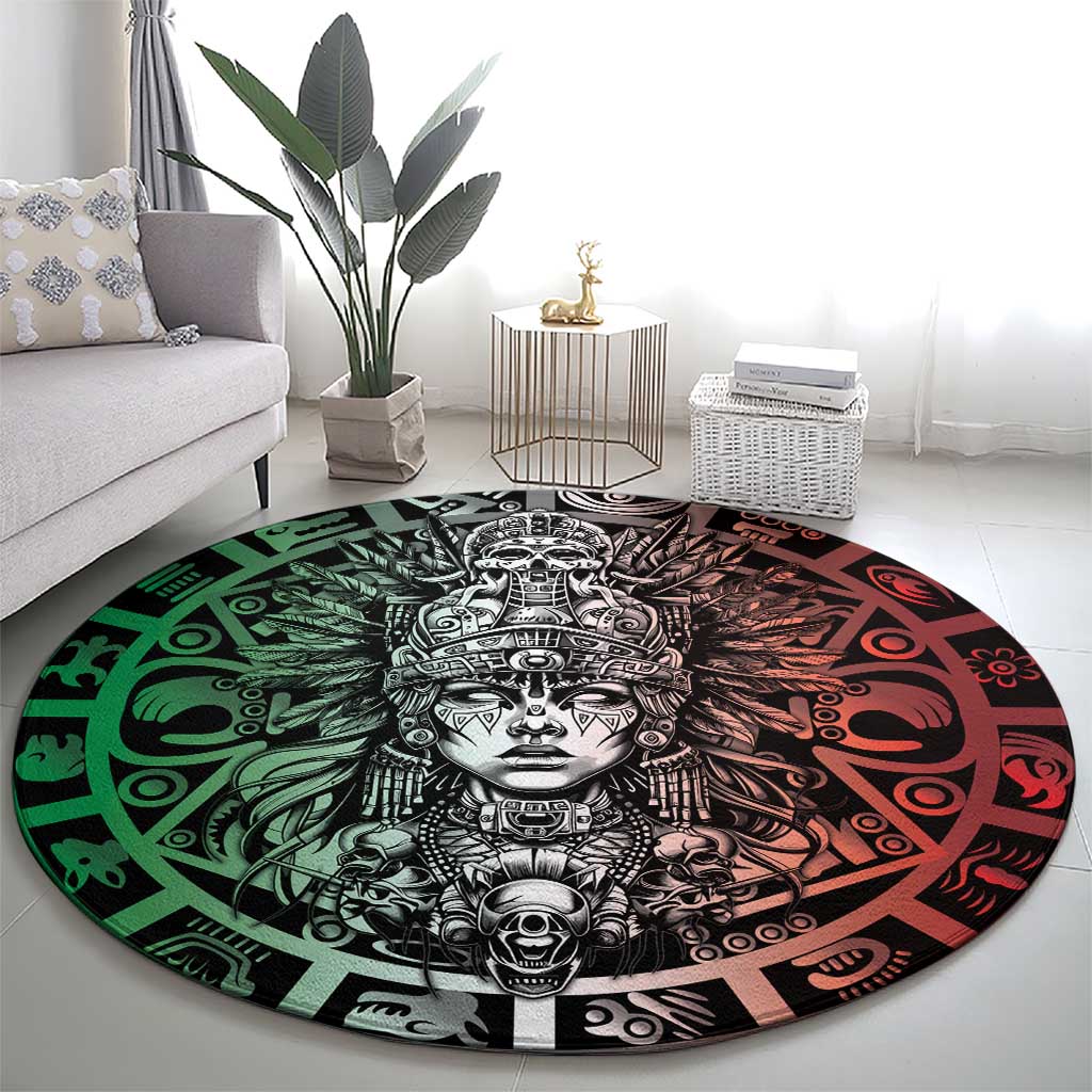 Mexico Aztec Warrior Goddess Round Carpet Aztec Skull Tribal Calender Tricolor Spirit - Wonder Print Shop