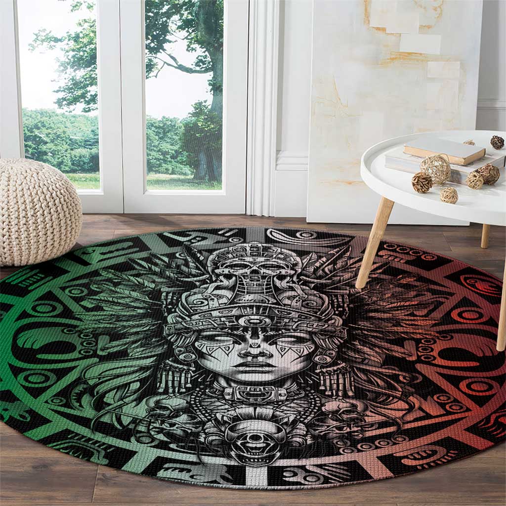 Mexico Aztec Warrior Goddess Round Carpet Aztec Skull Tribal Calender Tricolor Spirit - Wonder Print Shop