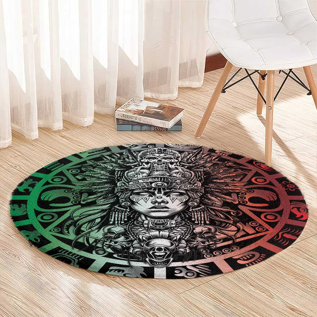Mexico Aztec Warrior Goddess Round Carpet Aztec Skull Tribal Calender Tricolor Spirit - Wonder Print Shop
