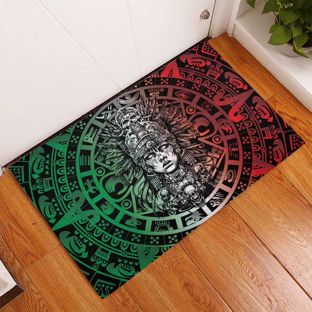 Mexico Aztec Warrior Goddess Rubber Doormat Aztec Skull Tribal Calender Tricolor Spirit - Wonder Print Shop