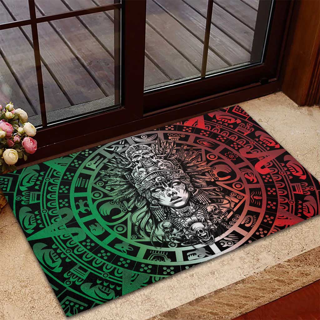 Mexico Aztec Warrior Goddess Rubber Doormat Aztec Skull Tribal Calender Tricolor Spirit - Wonder Print Shop