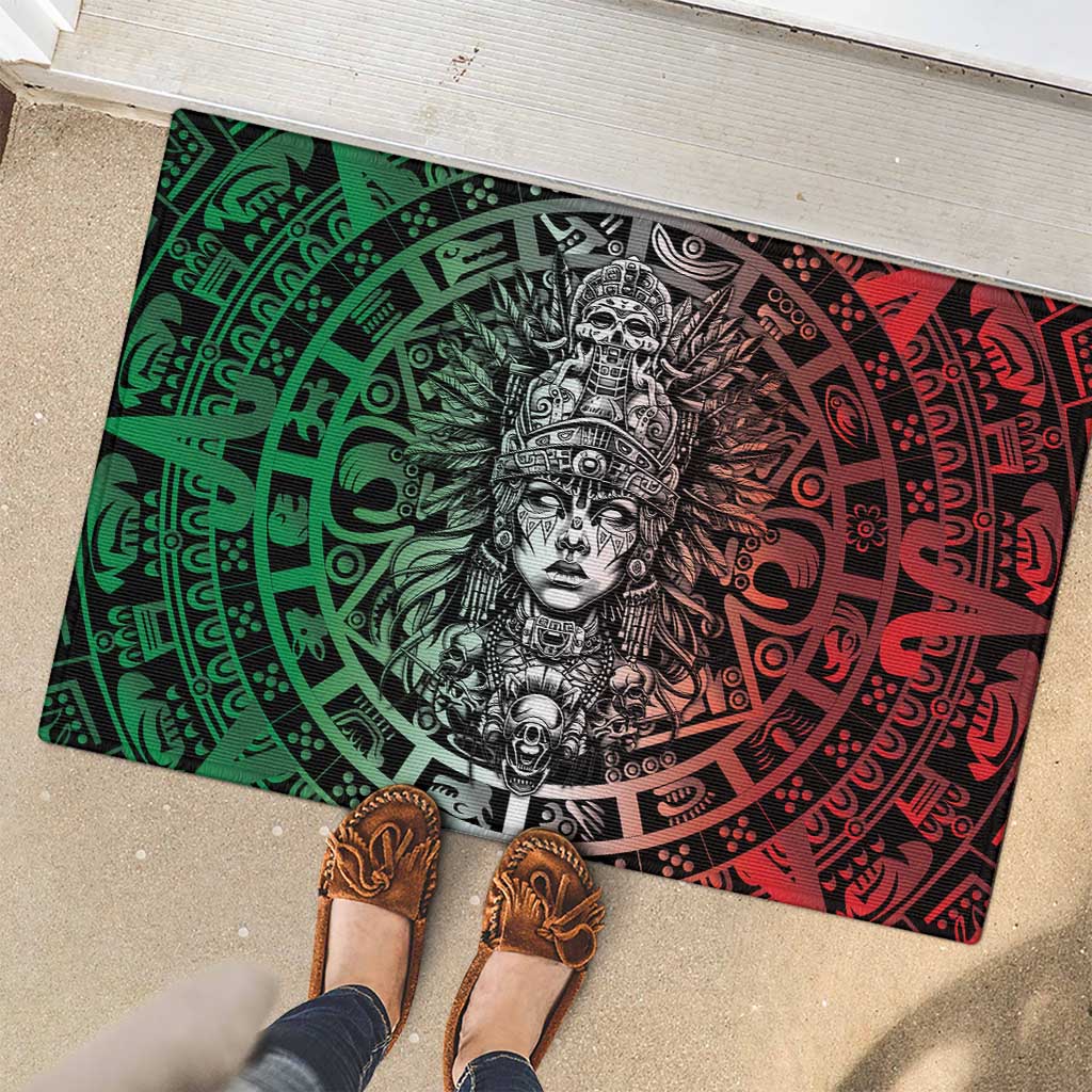 Mexico Aztec Warrior Goddess Rubber Doormat Aztec Skull Tribal Calender Tricolor Spirit - Wonder Print Shop