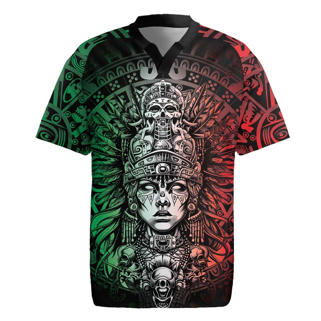 Mexico Aztec Warrior Goddess Rugby Jersey Aztec Skull Tribal Calender Tricolor Spirit - Wonder Print Shop