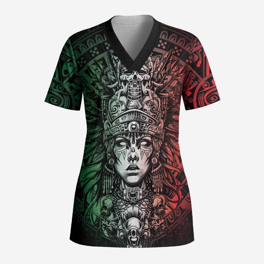 Mexico Aztec Warrior Goddess Scrub Top Aztec Skull Tribal Calender Tricolor Spirit - Wonder Print Shop