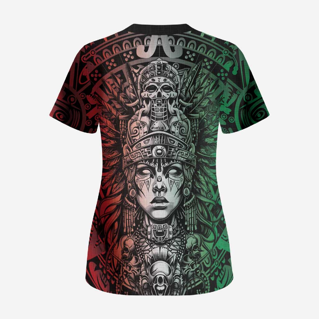 Mexico Aztec Warrior Goddess Scrub Top Aztec Skull Tribal Calender Tricolor Spirit - Wonder Print Shop