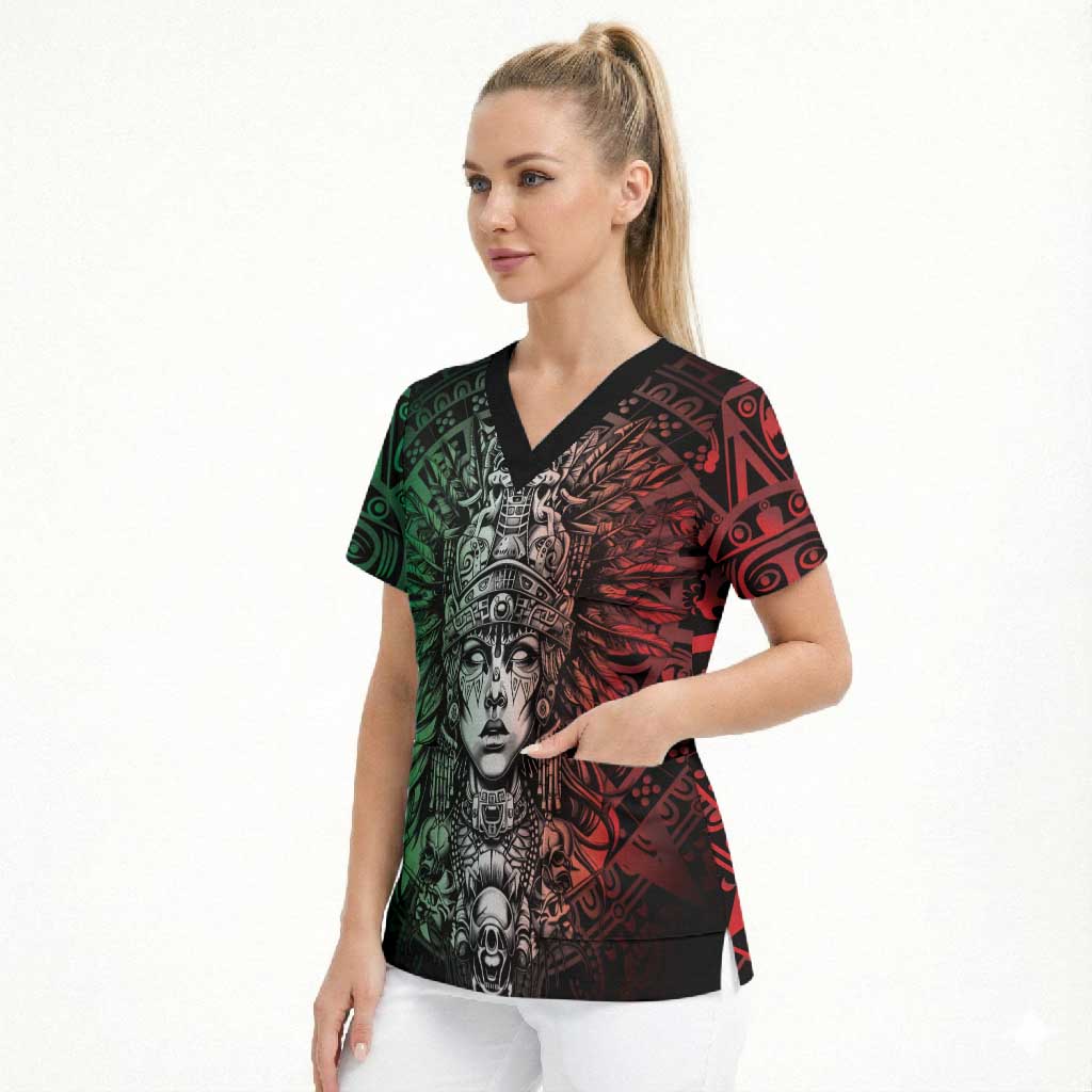 Mexico Aztec Warrior Goddess Scrub Top Aztec Skull Tribal Calender Tricolor Spirit - Wonder Print Shop