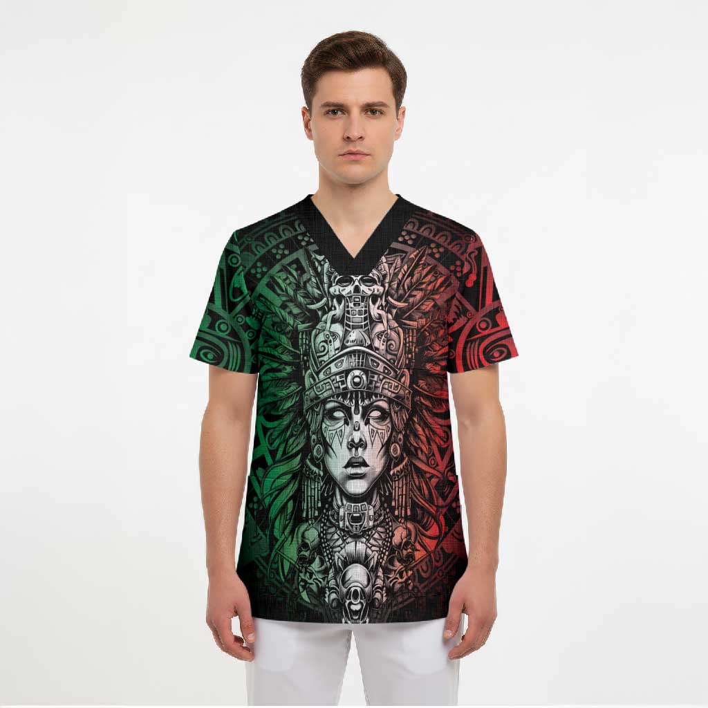 Mexico Aztec Warrior Goddess Scrub Top Aztec Skull Tribal Calender Tricolor Spirit - Wonder Print Shop