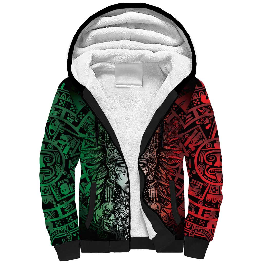 Mexico Aztec Warrior Goddess Sherpa Hoodie Aztec Skull Tribal Calender Tricolor Spirit - Wonder Print Shop