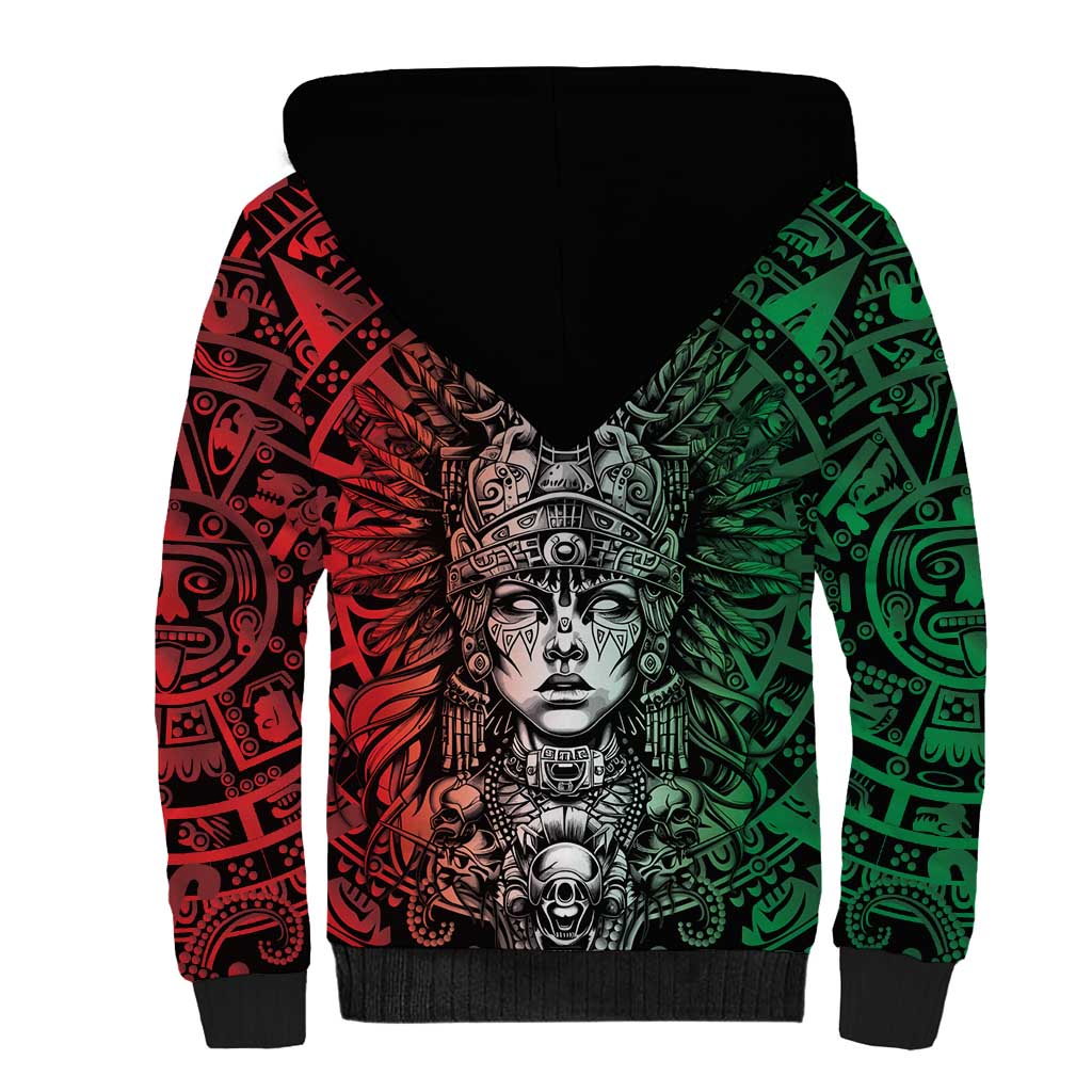 Mexico Aztec Warrior Goddess Sherpa Hoodie Aztec Skull Tribal Calender Tricolor Spirit - Wonder Print Shop