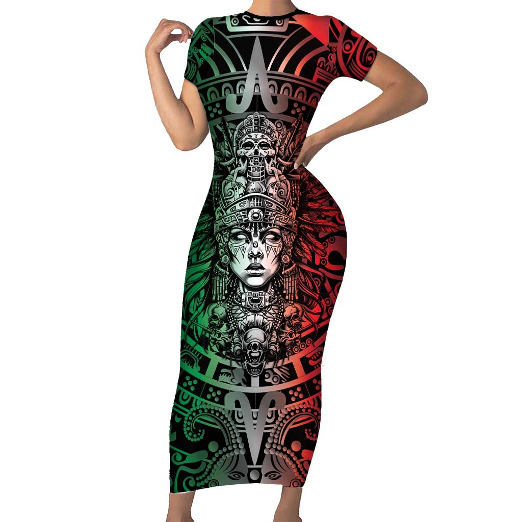 Mexico Aztec Warrior Goddess Short Sleeve Bodycon Dress Aztec Skull Tribal Calender Tricolor Spirit - Wonder Print Shop