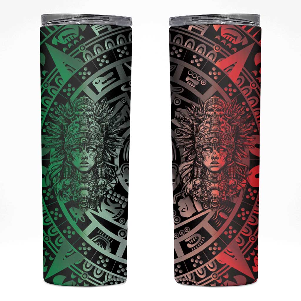 Mexico Aztec Warrior Goddess Skinny Tumbler Aztec Skull Tribal Calender Tricolor Spirit - Wonder Print Shop