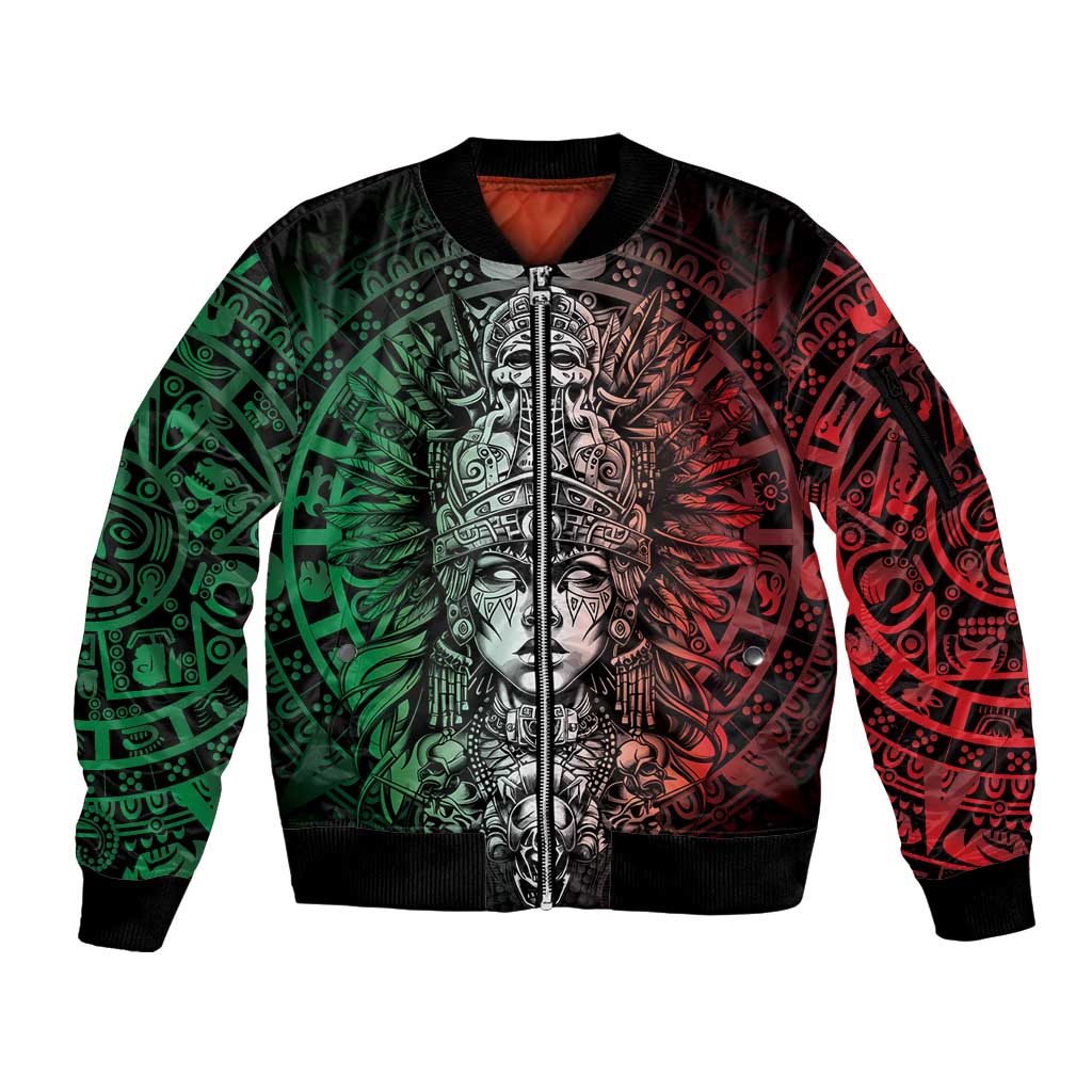 Mexico Aztec Warrior Goddess Sleeve Zip Bomber Jacket Aztec Skull Tribal Calender Tricolor Spirit - Wonder Print Shop