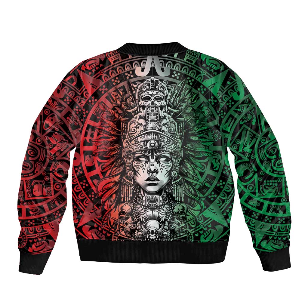 Mexico Aztec Warrior Goddess Sleeve Zip Bomber Jacket Aztec Skull Tribal Calender Tricolor Spirit - Wonder Print Shop