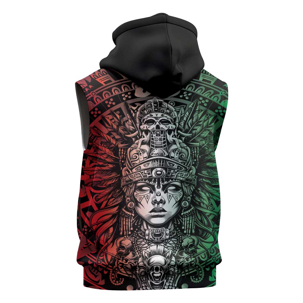 Mexico Aztec Warrior Goddess Sleeveless Hoodie Aztec Skull Tribal Calender Tricolor Spirit - Wonder Print Shop