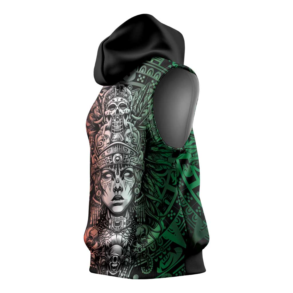 Mexico Aztec Warrior Goddess Sleeveless Hoodie Aztec Skull Tribal Calender Tricolor Spirit - Wonder Print Shop