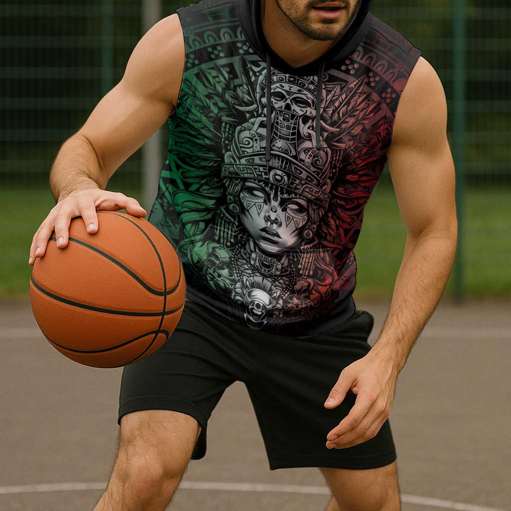 Mexico Aztec Warrior Goddess Sleeveless Hoodie Aztec Skull Tribal Calender Tricolor Spirit - Wonder Print Shop