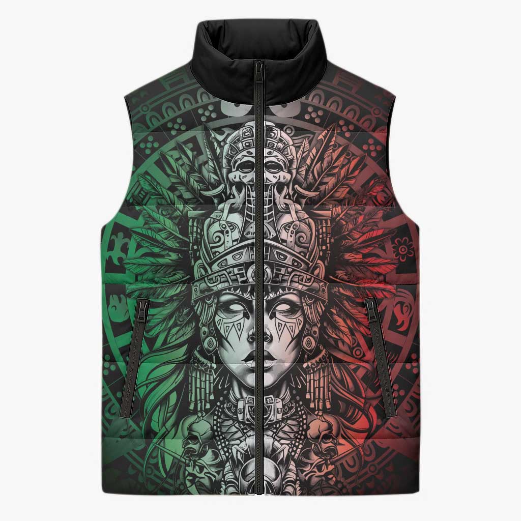 Mexico Aztec Warrior Goddess Sleeveless Puffer Jacket Aztec Skull Tribal Calender Tricolor Spirit - Wonder Print Shop