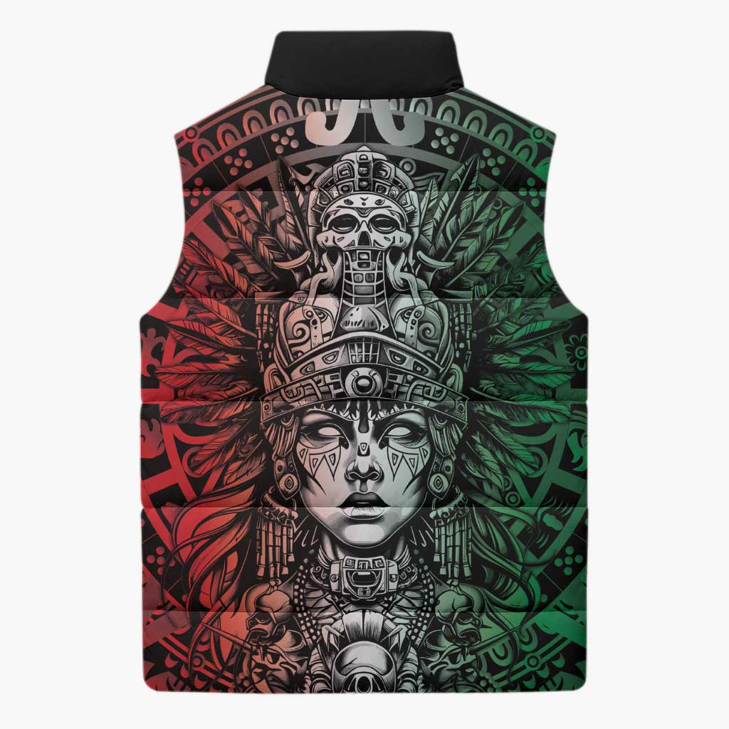Mexico Aztec Warrior Goddess Sleeveless Puffer Jacket Aztec Skull Tribal Calender Tricolor Spirit - Wonder Print Shop