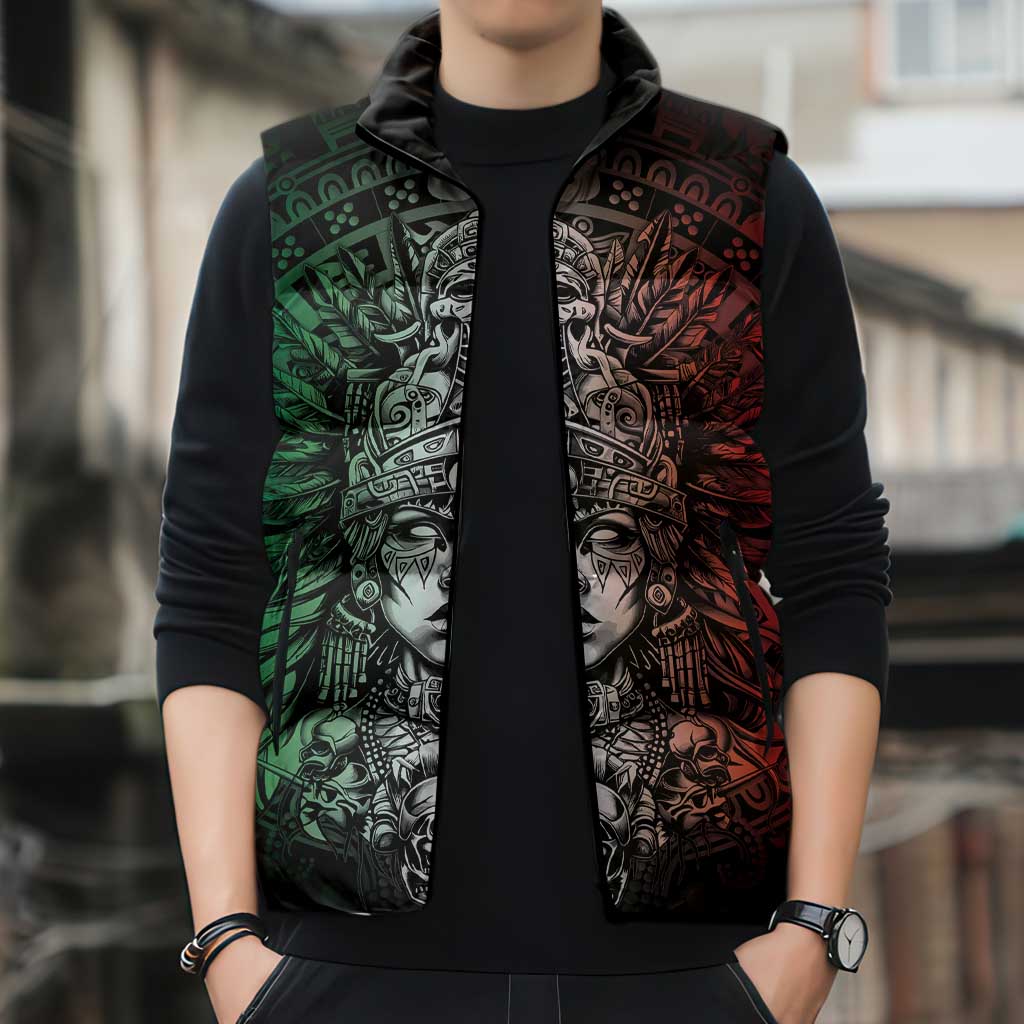 Mexico Aztec Warrior Goddess Sleeveless Puffer Jacket Aztec Skull Tribal Calender Tricolor Spirit - Wonder Print Shop