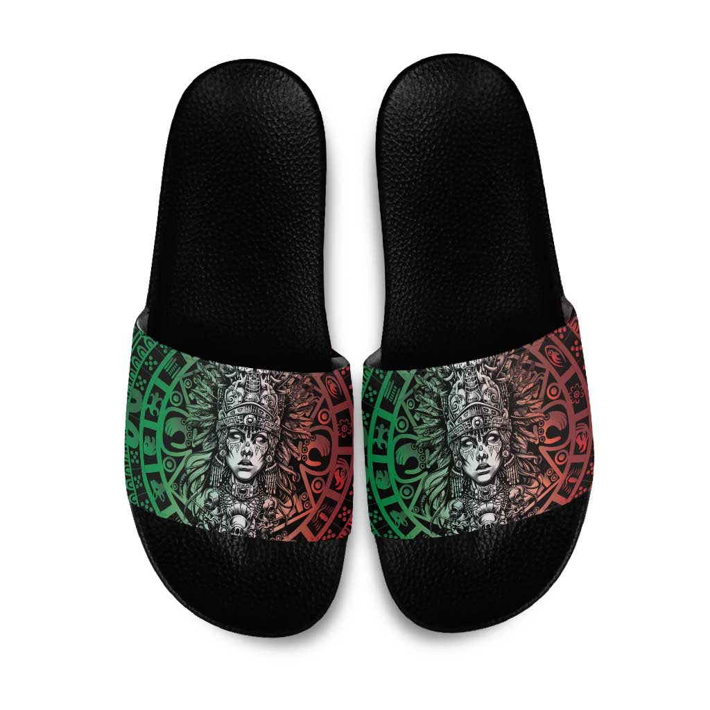 Mexico Aztec Warrior Goddess Slide Sandals Aztec Skull Tribal Calender Tricolor Spirit - Wonder Print Shop