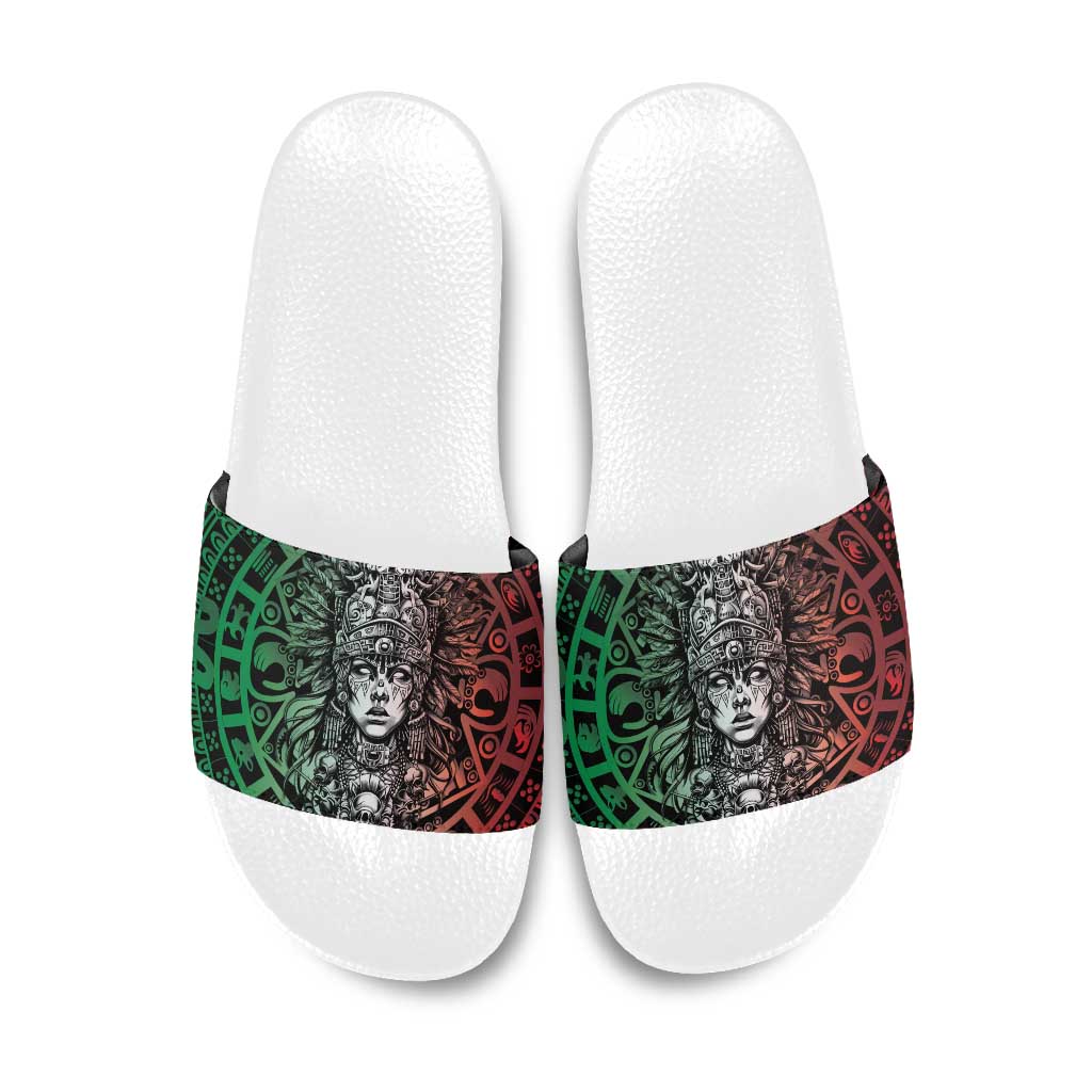 Mexico Aztec Warrior Goddess Slide Sandals Aztec Skull Tribal Calender Tricolor Spirit - Wonder Print Shop