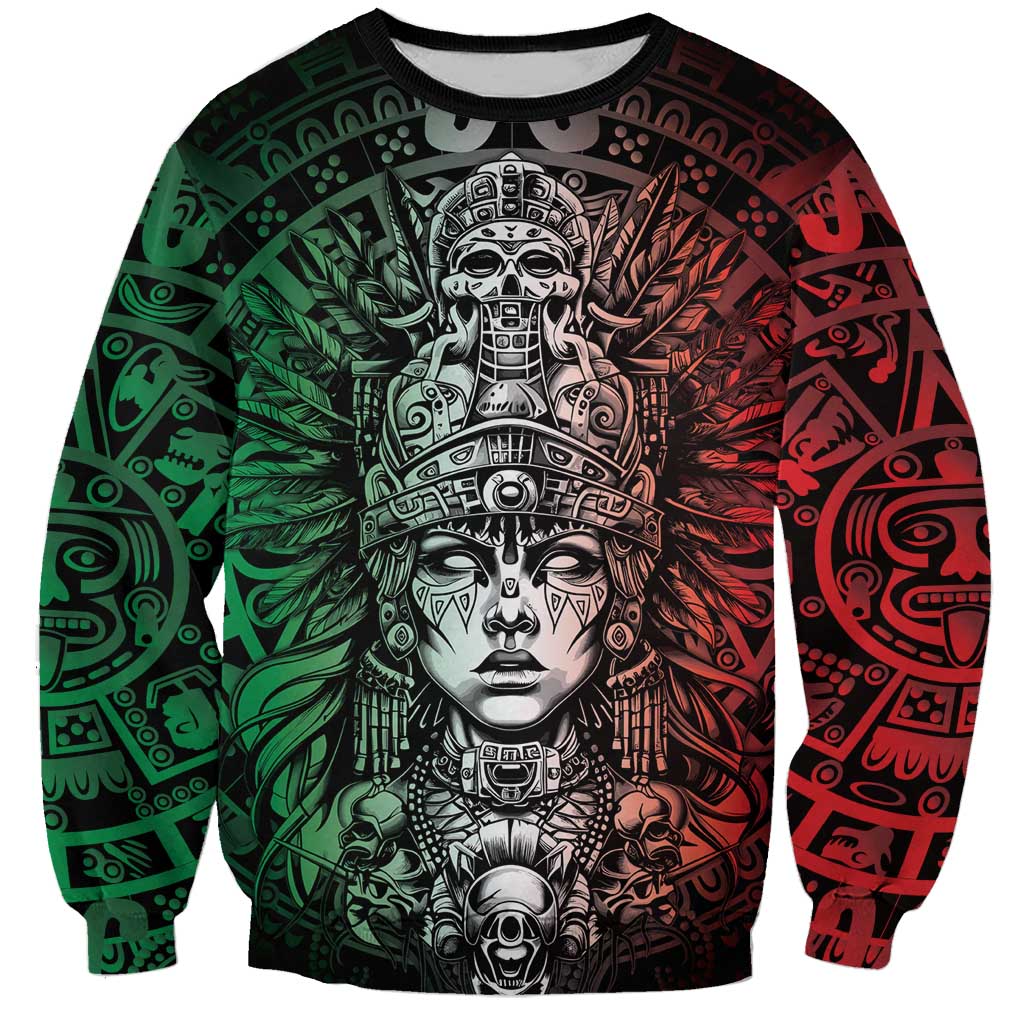 Mexico Aztec Warrior Goddess Sweatshirt Aztec Skull Tribal Calender Tricolor Spirit - Wonder Print Shop