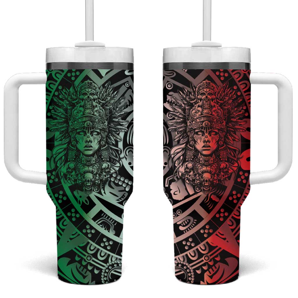 Mexico Aztec Warrior Goddess Tumbler With Handle Aztec Skull Tribal Calender Tricolor Spirit - Wonder Print Shop