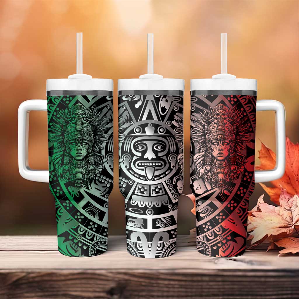 Mexico Aztec Warrior Goddess Tumbler With Handle Aztec Skull Tribal Calender Tricolor Spirit - Wonder Print Shop