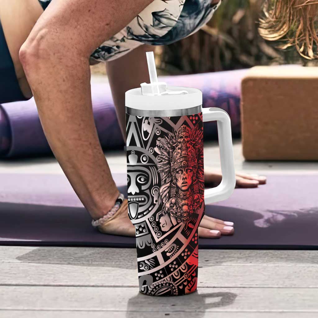 Mexico Aztec Warrior Goddess Tumbler With Handle Aztec Skull Tribal Calender Tricolor Spirit - Wonder Print Shop