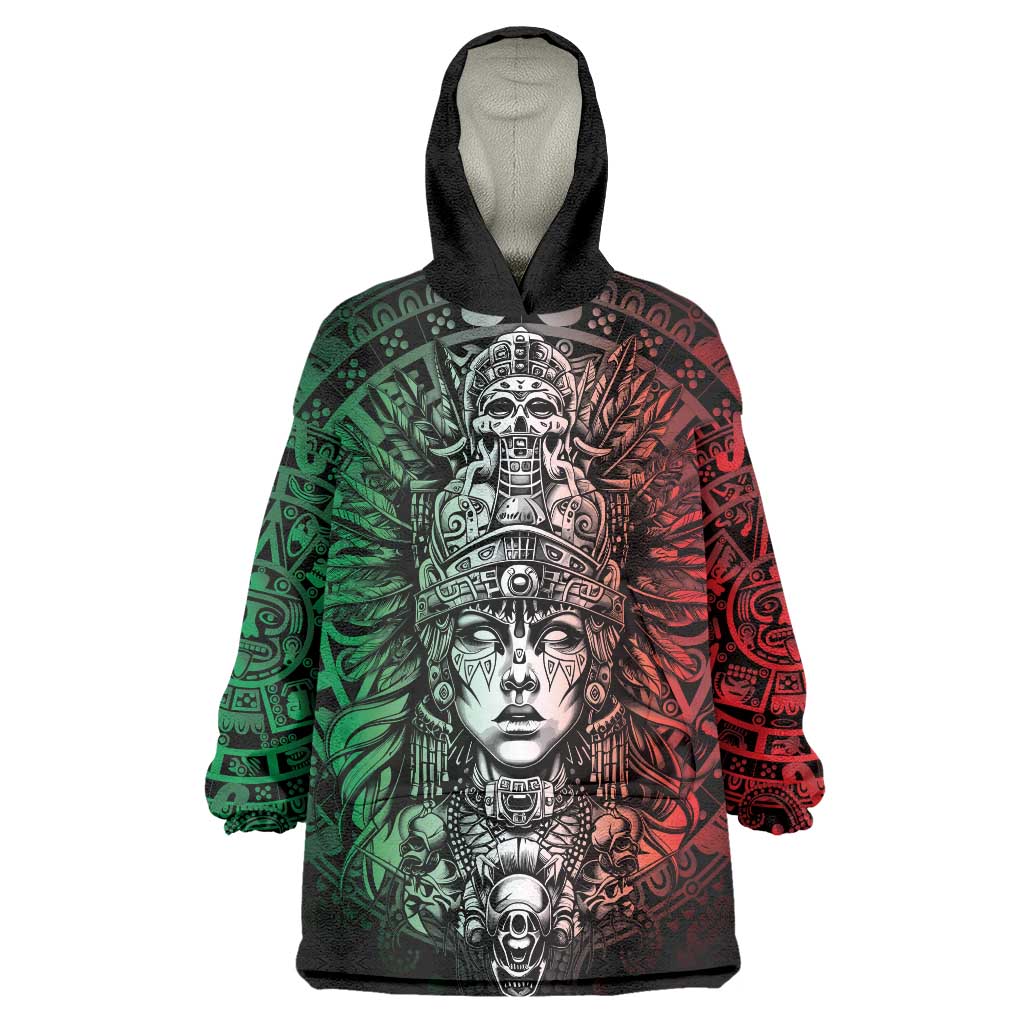 Mexico Aztec Warrior Goddess Wearable Blanket Hoodie Aztec Skull Tribal Calender Tricolor Spirit - Wonder Print Shop