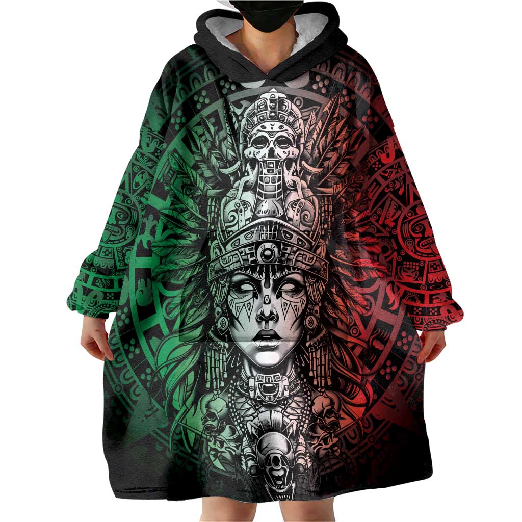 Mexico Aztec Warrior Goddess Wearable Blanket Hoodie Aztec Skull Tribal Calender Tricolor Spirit - Wonder Print Shop