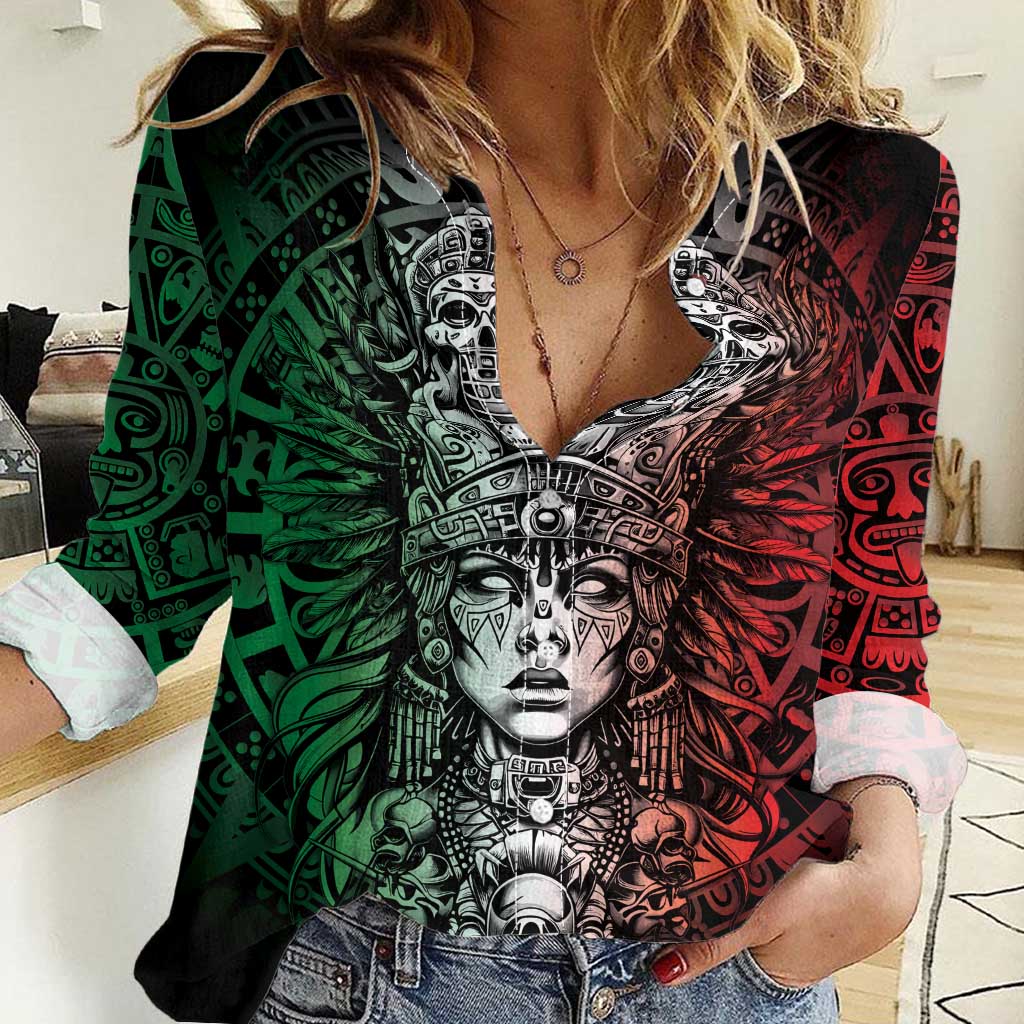 Mexico Aztec Warrior Goddess Women Casual Shirt Aztec Skull Tribal Calender Tricolor Spirit - Wonder Print Shop