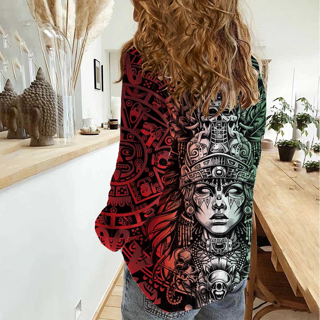 Mexico Aztec Warrior Goddess Women Casual Shirt Aztec Skull Tribal Calender Tricolor Spirit - Wonder Print Shop