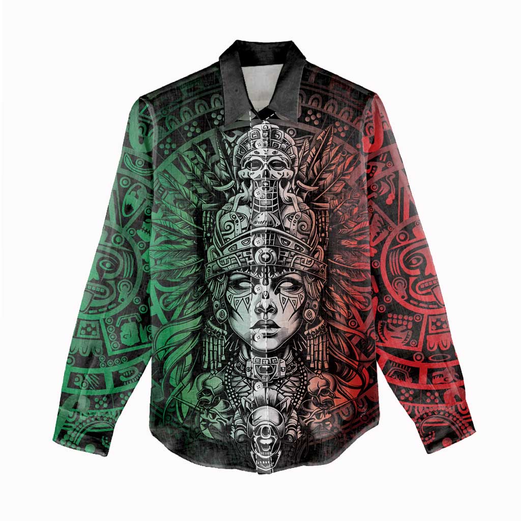 Mexico Aztec Warrior Goddess Women Casual Shirt Aztec Skull Tribal Calender Tricolor Spirit - Wonder Print Shop