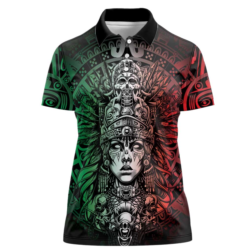 Mexico Aztec Warrior Goddess Women Polo Shirt Aztec Skull Tribal Calender Tricolor Spirit - Wonder Print Shop