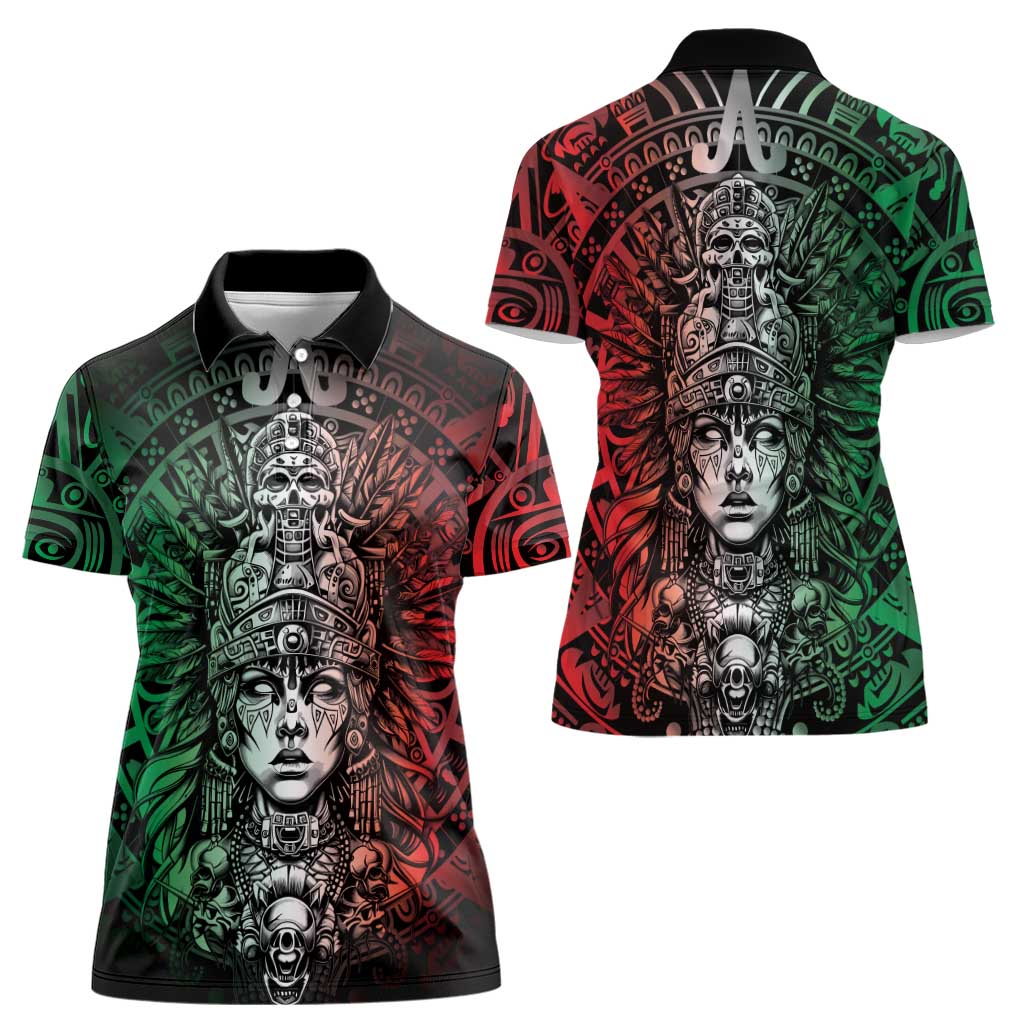 Mexico Aztec Warrior Goddess Women Polo Shirt Aztec Skull Tribal Calender Tricolor Spirit - Wonder Print Shop